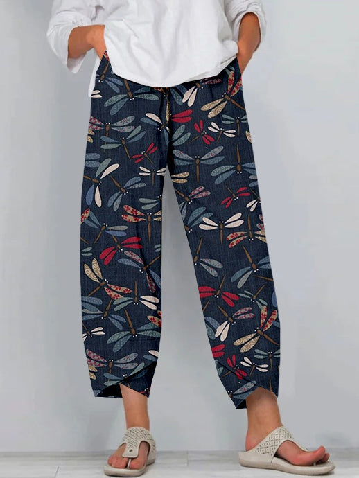 Comstylish Traditional Colorful Dragonfly Japanese Art Cropped Casual Pants