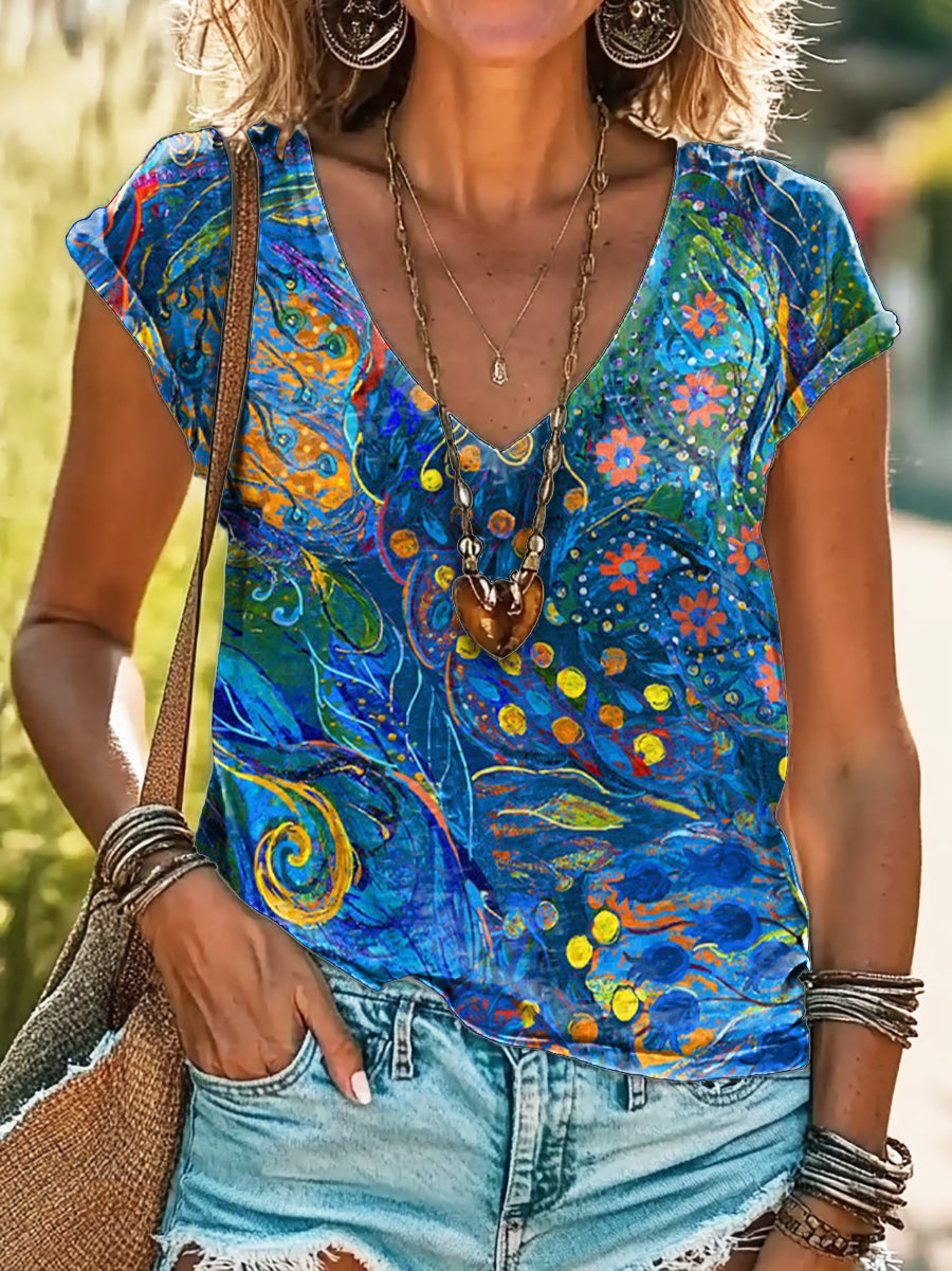 Women's Watercolor Floral Art Print 100%Cotton V-neck T-Shirt