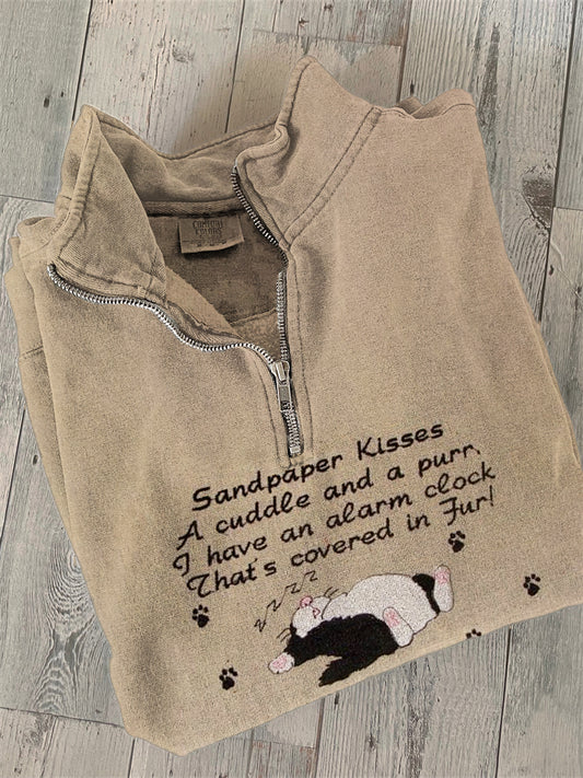 Comstylish Sleeping Cat Embroidered Print Zipper Casual Sweatshirt
