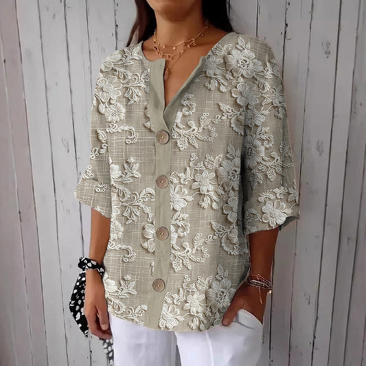 Comstylish Women's Floral Print Linen Blend Casual Shirt