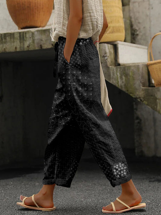 Comstylish Japanese Traditional Sashiko Art Linen Blend Casual Pants