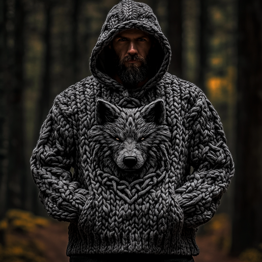 Vintage Wolf Inspired Viking Celtic Jacquard Chunky Hooded Sweater elevenforest
