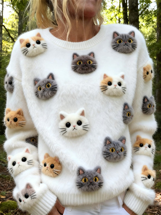 Comstylish Plush Cat Design Women's Knit Crew Neck Sweater