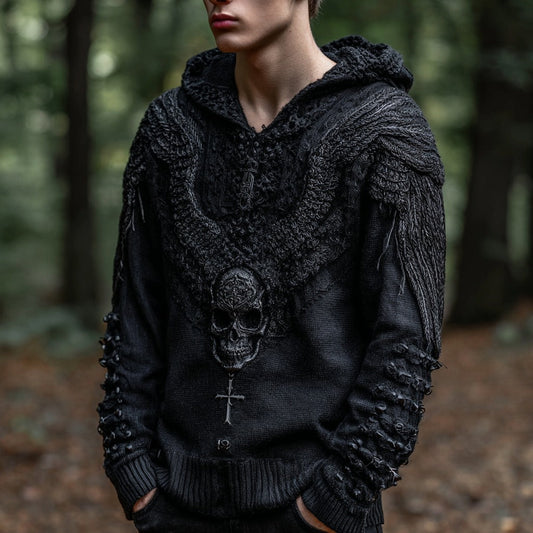 Men's Rock Wings Skull And Cross Knitted Cozy Hooded Sweater artswardrobe