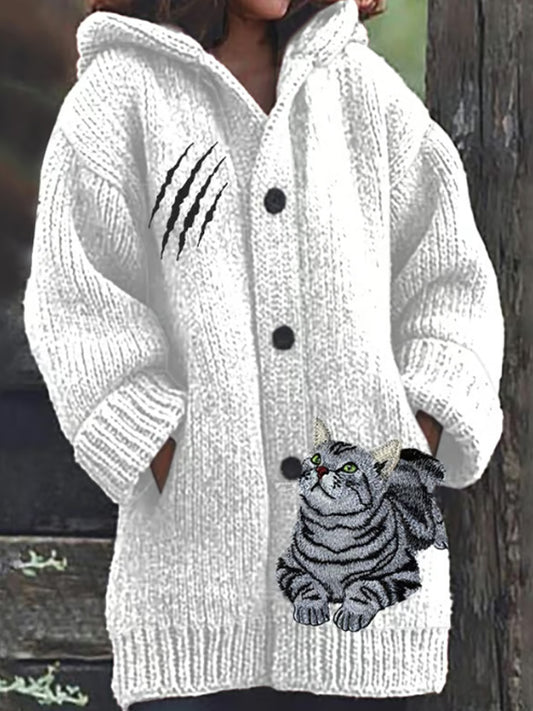 Comstylish Women's Retro Funny Animal Cat Print Cozy Knitted Hoodie Jacket