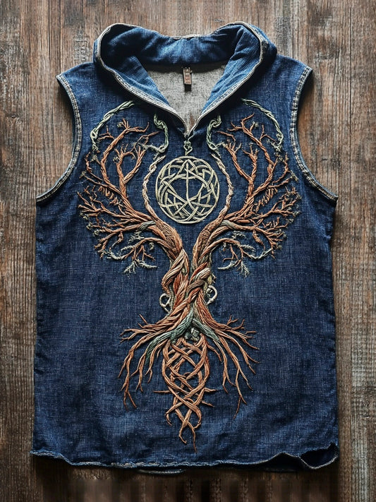 Viking Tree Of Life Vintage Embroidered Men's Hooded Tank Top artswardrobe