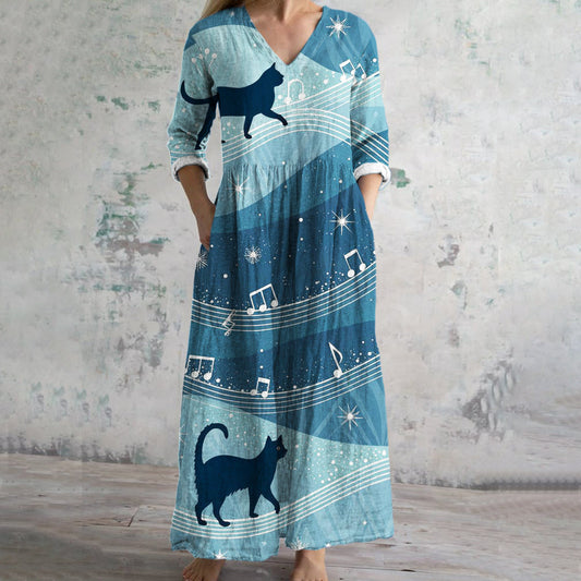 Music & Cat Print Women's Linen Maxi Dress elevenforest