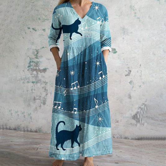 Comstylish Music & Cat Print Women's Linen Maxi Dress