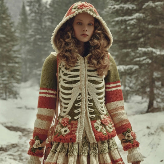 Women's  Halloween Skeleton Pattern Knit Hooded Sweater Jacket artswardrobe
