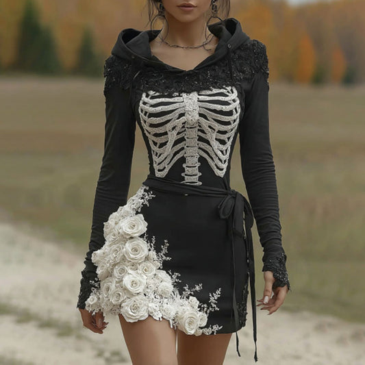 Comstylish Women's Vintage Halloween Skeleton & Rose Art Casual Hooded Dress