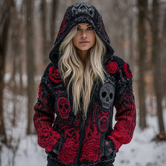 Women's Vintage Skull Art Knit Zip Up Hooded Sweater artswardrobe