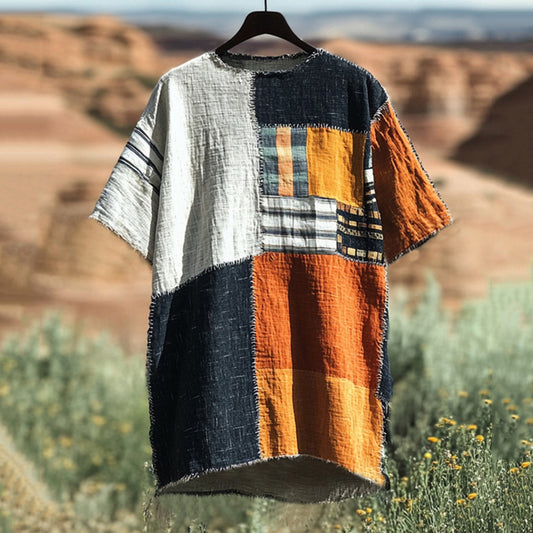 Men's Contrast Color Patchwork Linen T-shirt artswardrobe