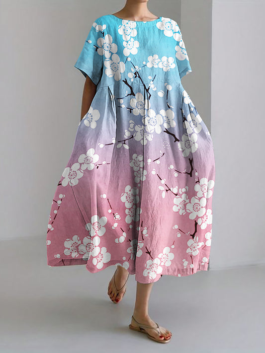 Comstylish Japanese Plum Blossom Trans Flag Inspired Gradient Linen Maxi Dress