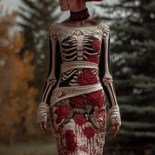 Comstylish Women's Halloween Skeleton Rose Art Knitted Round Neck Dress