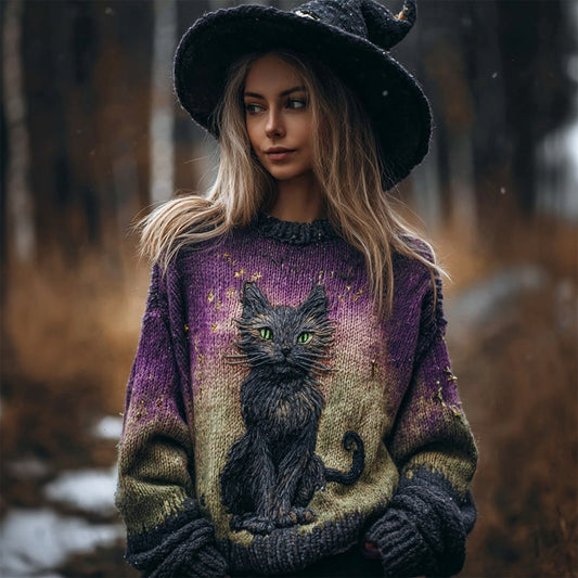Halloween Black Cat Embroidered Vintage Cozy Knit Sweater artswardrobe