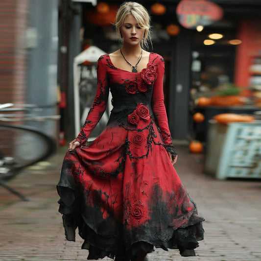 Retro Red Rose Embroidery Beaded Gradient Maxi Dress artswardrobe