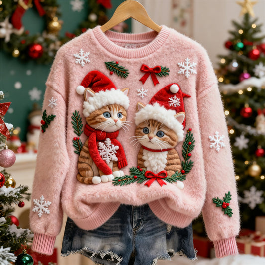 Comstylish Christmas Cat Art Women's Cozy Plush Sweater