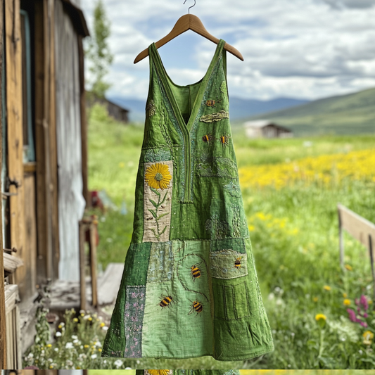 Women's Vintage Bee And Floral Print Sleeveless Dress artswardrobe