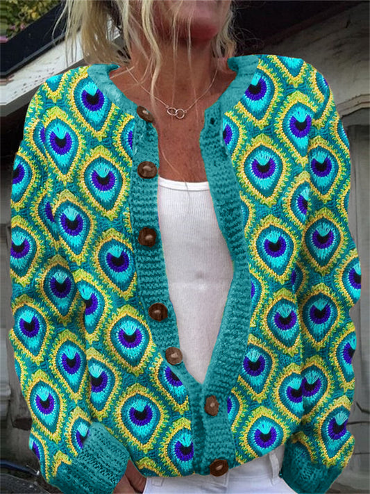 Turquoise Peacock Feathers Crochet Cozy Cardigan elevenforest