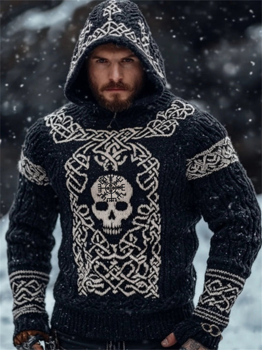 Men's Viking Vegvisir Skull Celtic Chunky Hooded Sweater elevenforest