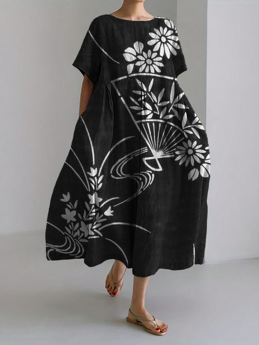 Comstylish Fan Floral Japanese Art Linen Blend Maxi Dress