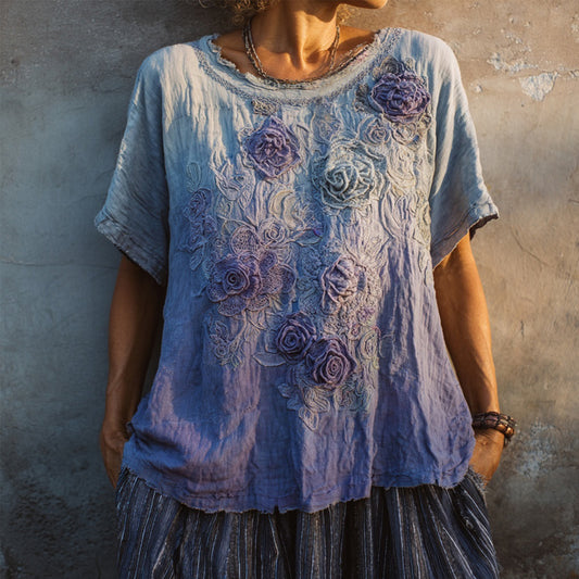 Vintage Boho Purple Roses Embroidered Gradient Linen T Shirt artswardrobe