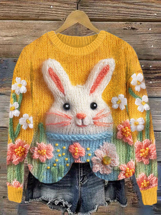 Cute Bunny & Floral Embroidery Art Cozy Knit Sweater artswardrobe