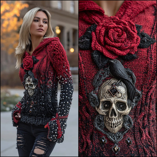 Women's Viking Tribal Raven With Rose And Skull Inspired Knit Hooded Sweater elevenforest