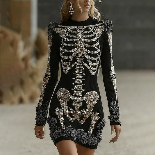 Women's Halloween Skeleton Bones With Glitter And Rose  Art Cozy Knit Mini Sweater Dress artswardrobe