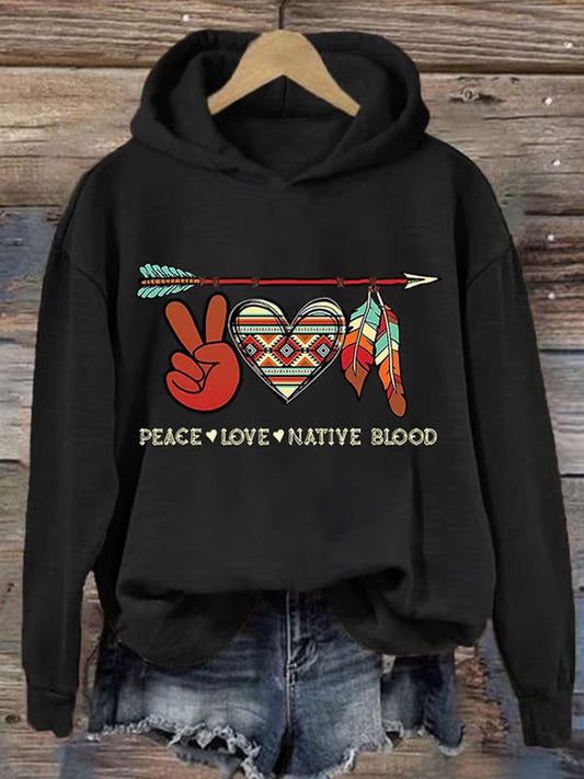 Comstylish Retro Native American Heritage Month Peace Love Native Blood Print Hoodie