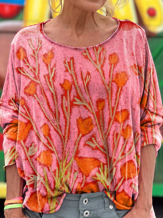 Women's Vintage Floral Art Print Casual Long Sleeve T-shirt