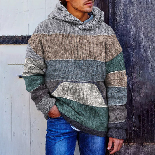Men'S Vintage Colorful Knitted Patchwork Cozy Hooded Sweater artswardrobe