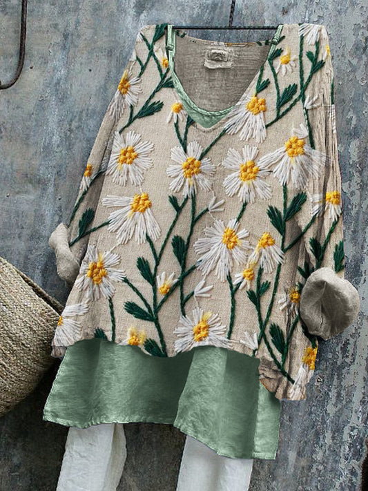 Comstylish Vintage Daisies Embroidery Pattern Linen Tunic