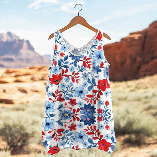 Women's Loose Independence Day American Beauty Floral Linen Sleeveless Tank Top artswardrobe