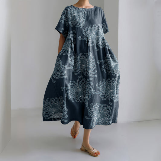 Comstylish Vintage Japanese Art Chrysanthemum Print Round Neck Short Sleeve Midi Dress