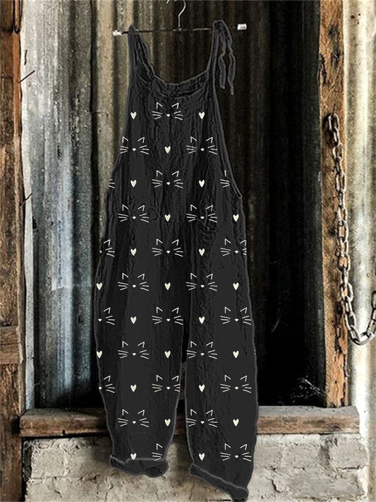 Cute Cat Face Printed Linen Blend Casual Jumpsuit elevenforest