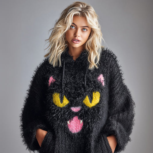 Comstylish Women's National Black Cat Day Cute Cat Art Knitted Fuzzy Hooded Sweater