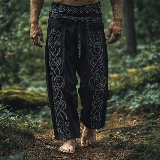 Tribal Viking Celtic Embroidery Art Linen Long Loose Wide-leg Pants artswardrobe