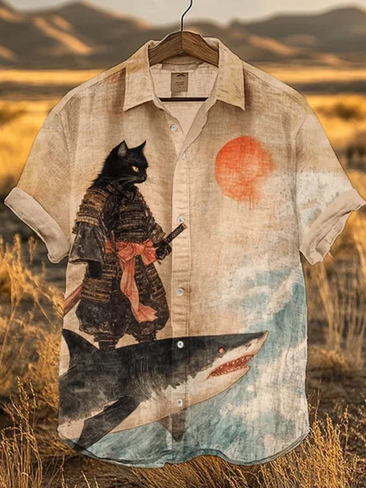 Men's Black Cat Tribal Warrior Japanese Kyudo Print Short Sleeve Shirt elevenforest