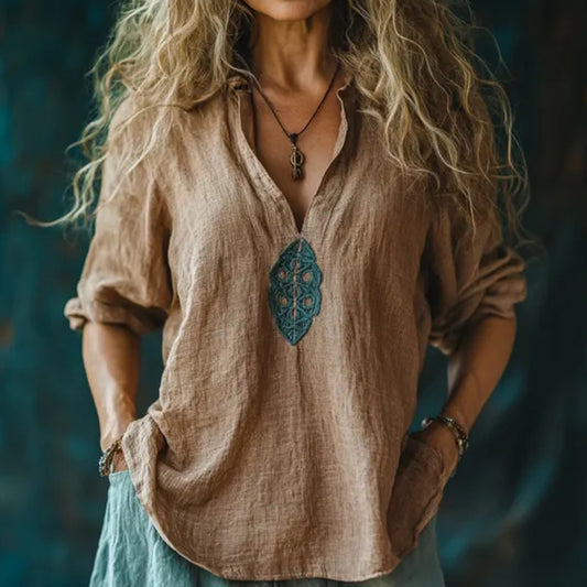 Women's Plain V-Neck Linen Embroidery Print Loose Shirt artswardrobe