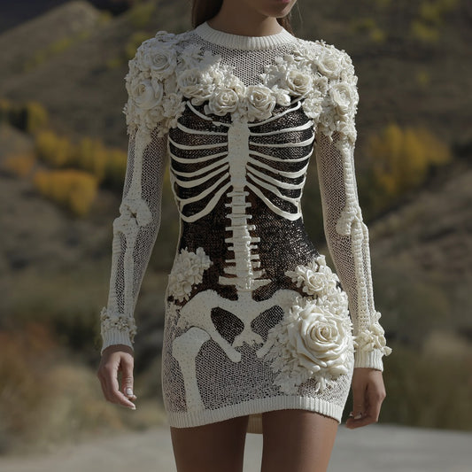 Comstylish Women's Halloween Skull Anatomy Rose Art Round Neck Knit Dress