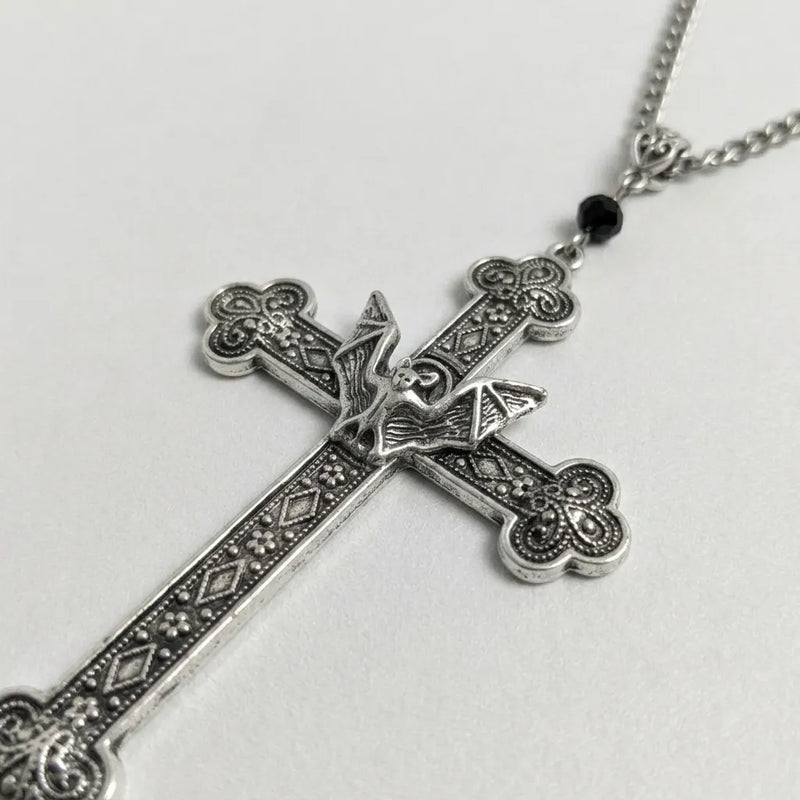 Gothic Bat Filigree Cross Pendant Necklace