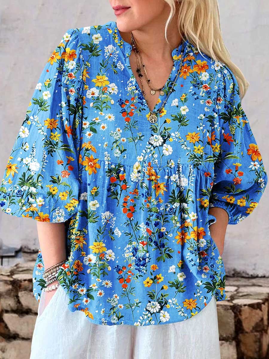 Women's Retro Floral Art Print Cotton And Linen Casual Top