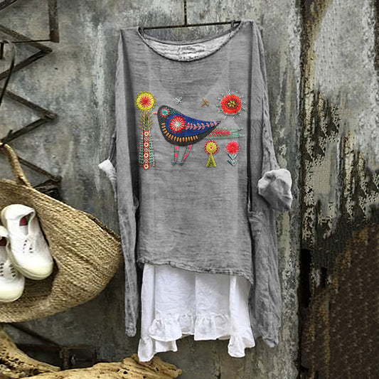 Women's Floral And Bird Embroidery Art Cotton And Linen Shirt artswardrobe