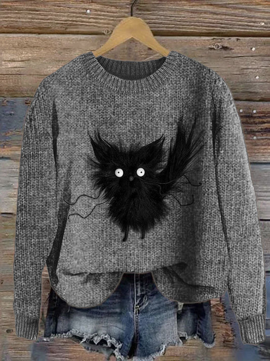Fuzzy Black Cat Plush Cozy Knit Sweater elevenforest