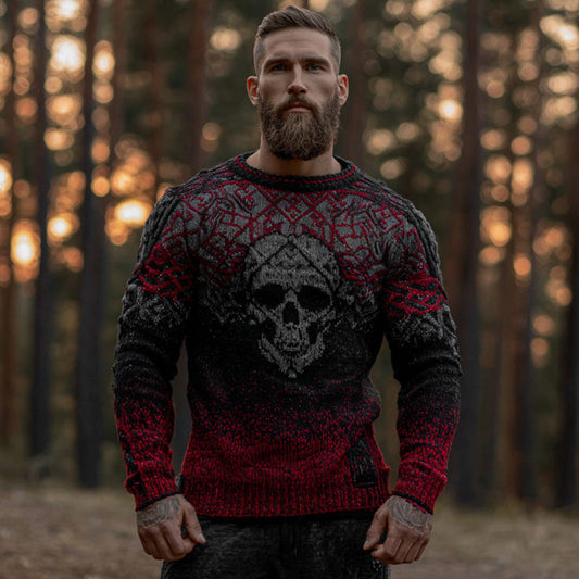 Men's Vintage Halloween Skull Viking Art Knit Sweater artswardrobe