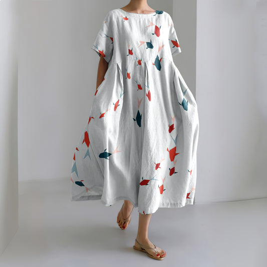Comstylish Fish Print Round Neck Short Sleeve Loose Midi Dress