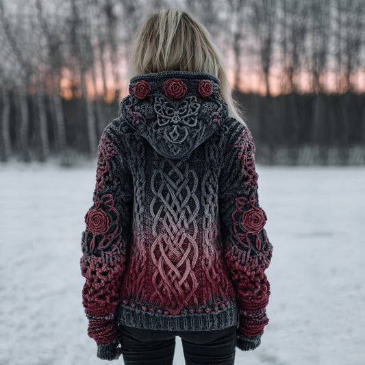 Women's Vintage Celtic Knot Jacquard Gradient Hooded Aran Sweater elevenforest