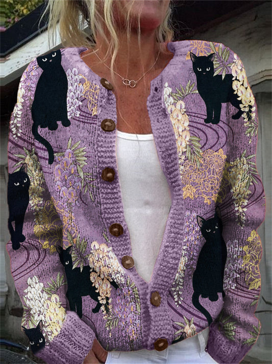 Black Cats Floral Pattern Cozy Knit Cardigan elevenforest