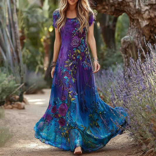 Women's Vintage Rose Floral Pattern Round Neck Short Sleeve Dress artswardrobe